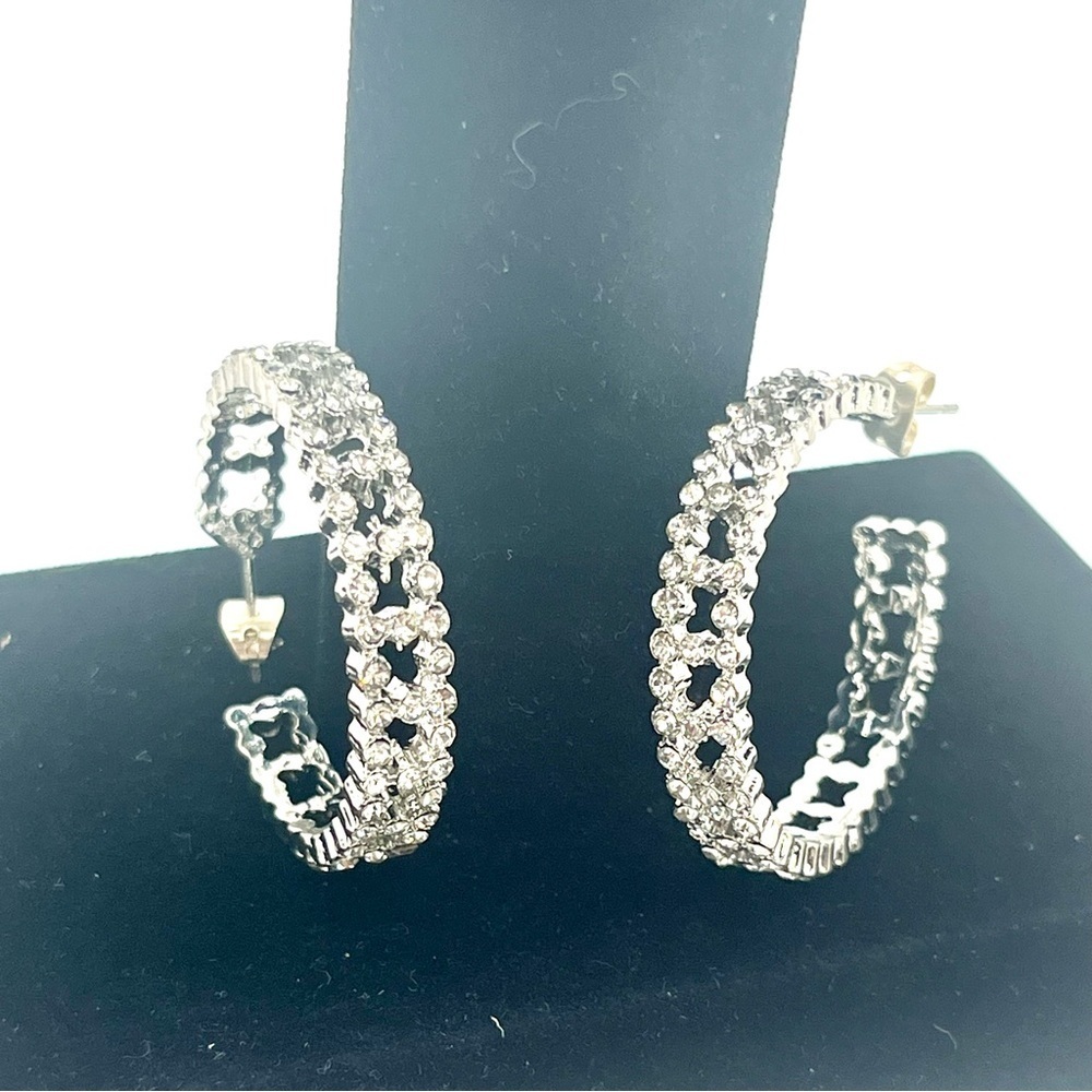 Silver Tone Rhinestone Hoop Earrings - Picture 6 of 8